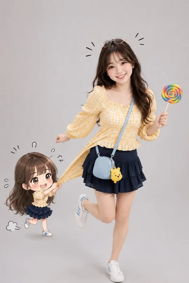 Full-body studio portrait of a smiling young Japanese woman running, wearing a yellow gingham blouse and navy skirt. A chibi version of herself playfully pulls her shirt, with hand-drawn doodles and a lollipop.