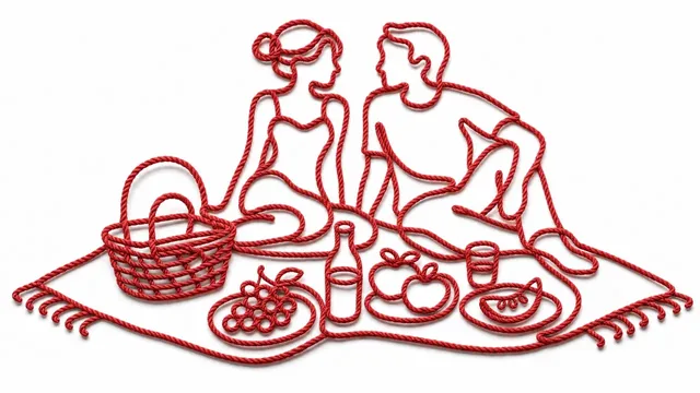 A picnic scene made entirely from a single continuous red rope, including a blanket, basket, food, and figures, on a white background.