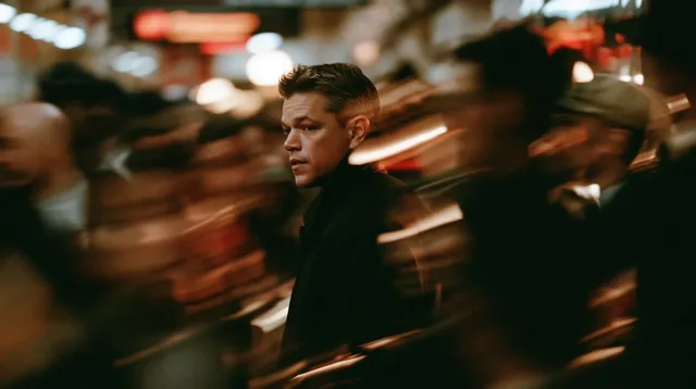 Matt Damon is a still figure in a bustling subway station, with blurred commuters and streaks of light suggesting movement.