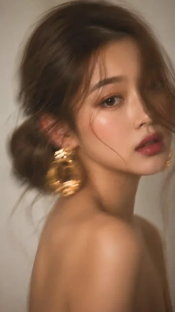 Close-up portrait of a woman with motion blur, one eye hidden by hair, wearing large gold earrings.