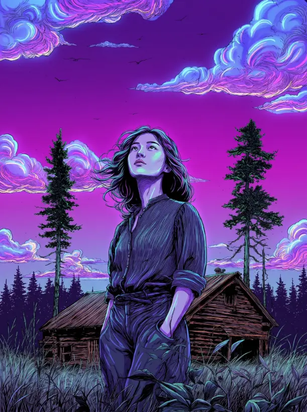 A mysterious young woman standing in a wild countryside at twilight with a surreal violet-magenta sky and glowing blue-violet clouds.