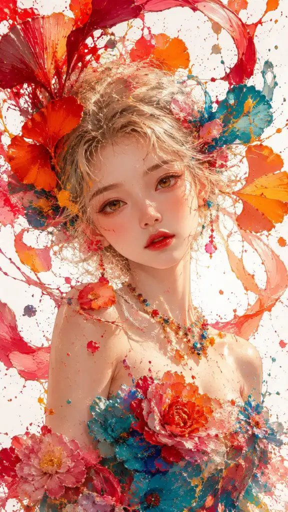 Close-up bust portrait of a beautiful young East Asian girl with blonde hair mixed with red-orange paint and surrounded by giant ginkgo flowers and vibrant petals.