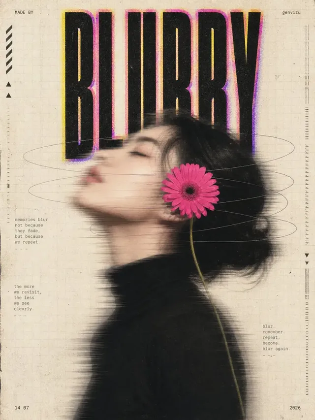 Experimental editorial poster with the word 'BLURRY' in bold black letters with glowing halos. A young woman's portrait with blurred features is partially covered by the text. A bright pink daisy is near her ear. The background is textured off-white paper with subtle lines and text.