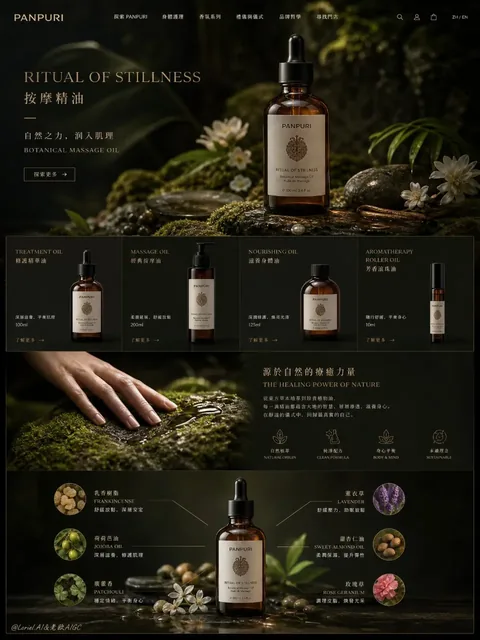 PANPURI botanical massage oil brand showcase page, featuring amber glass bottles on mossy stones, with elegant typography and a serene, natural spa atmosphere.