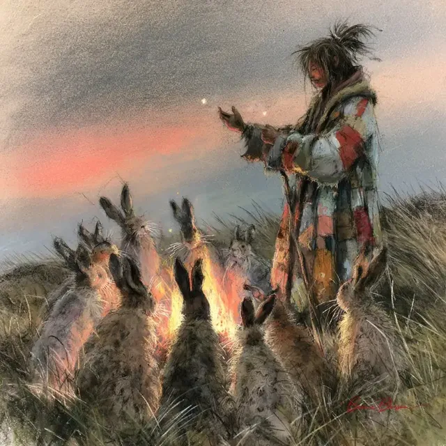 A kind-faced storyteller in a patchwork coat tells a story by firelight to attentive rabbits on a moor during a colorful sunset.