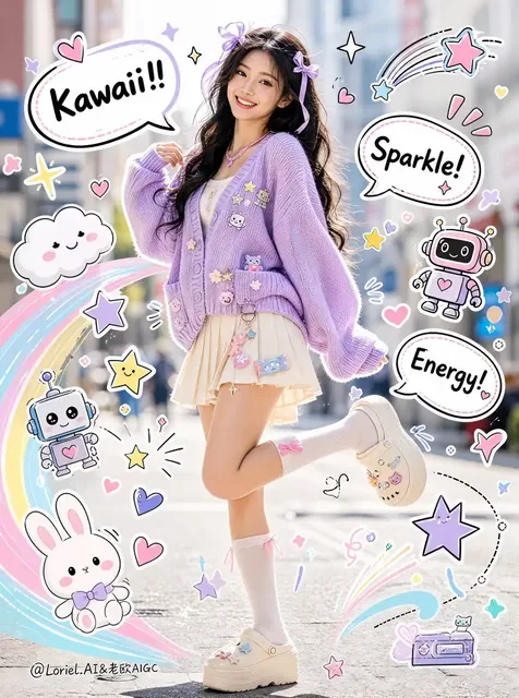 Adult Asian female model in mid-20s, wearing lavender hoodie and mint skirt, winking playfully, seated on a bollard, surrounded by colorful kawaii doodles like stars, hearts, donuts, and ghosts.