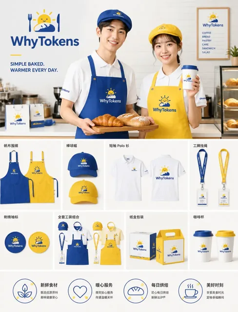 Brand VI display for WhyTokens bakery, featuring staff, merchandise, and logo with blue and yellow accents.