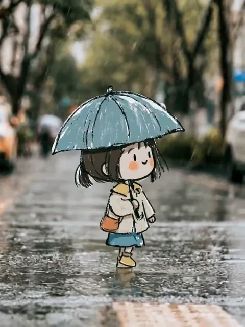 A tiny, hand-drawn girl crying on a city street as a car splashes water on her during a rainstorm. The car and surroundings are hyperrealistic.