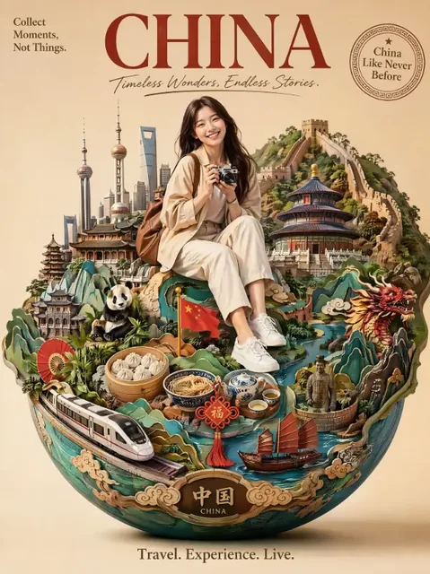 A smiling traveler sits on a miniature globe that transforms into a layered paper-cut diorama of a country/city, featuring landmarks, culture, and wildlife.