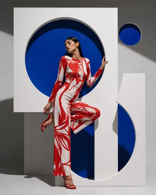 Fashion editorial photo of a woman in a jumpsuit striking a dynamic pose within a white Bauhaus-inspired geometric set with circular cutouts revealing amber backing.