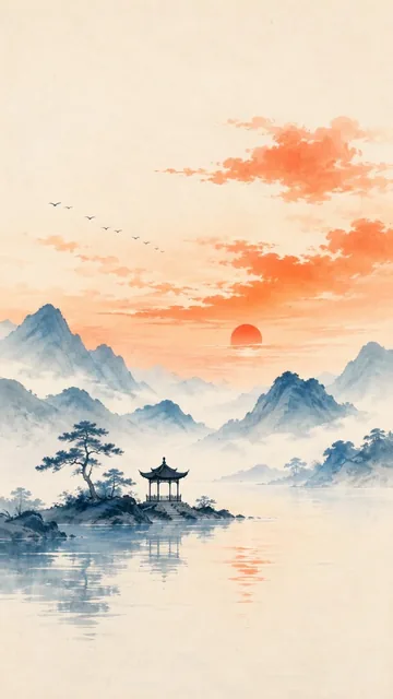 A minimalist illustration of a small, dark Zen pavilion positioned in the lower left of a vast landscape, with distant green mountains and a vibrant orange and blue sunset sky reflected on the water.