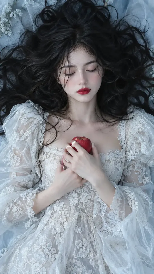 Top-down photographic portrait of a peaceful woman with dark hair wearing a white lace dress and holding a red apple on a pale blue surface.
