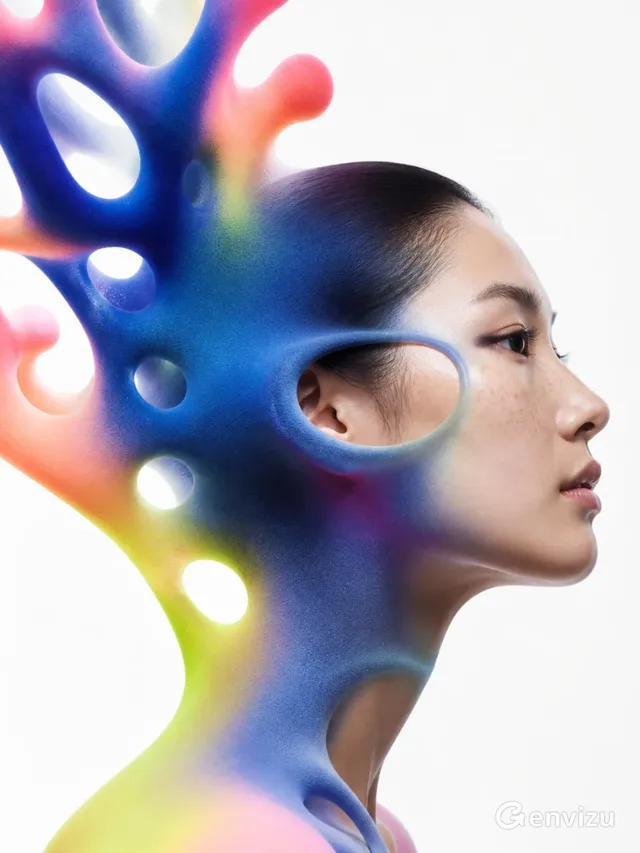 A striking 3:4 vertical fashion portrait of an East Asian woman. Her dark hair blends into a large, smooth, bio-sculptural form that expands from the left, featuring organic branches and holes. The sculpture flows with colors like indigo, lemon yellow, and coral orange. The woman is shown in profile, with a clean white background and soft lighting.