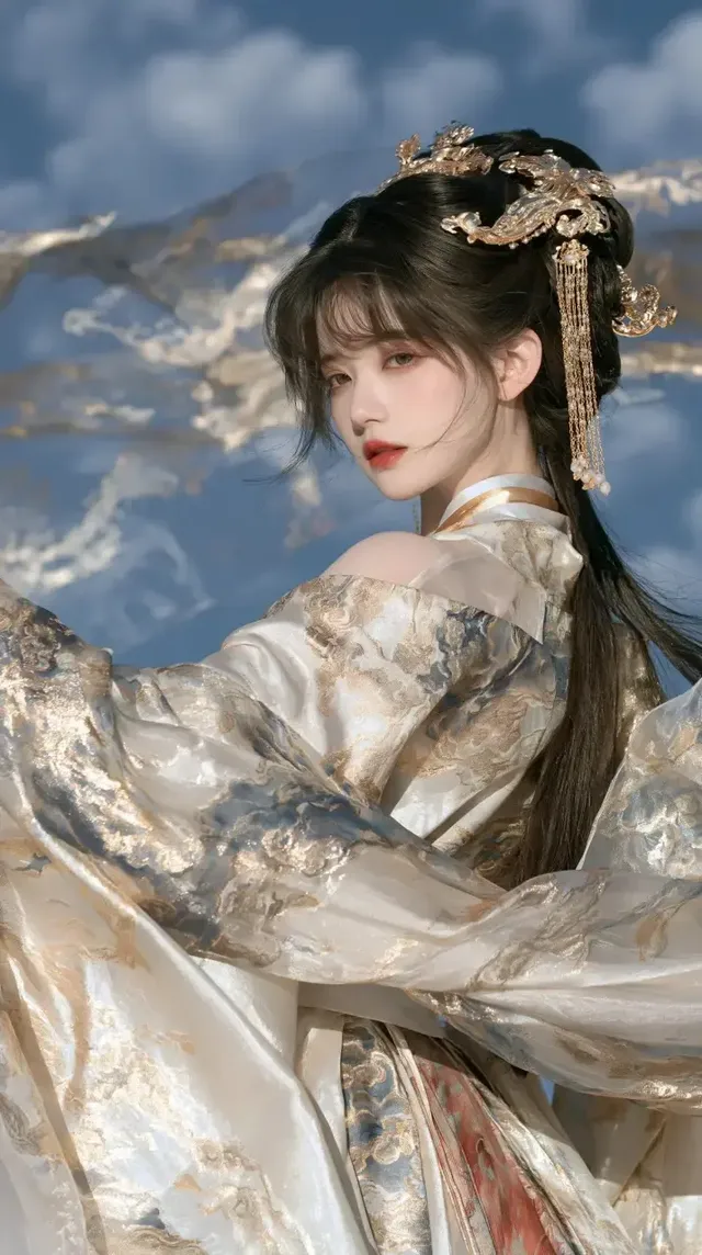 Cinematic half-body portrait of an East Asian woman in traditional empress attire, featuring a detailed palace headdress, ornate blue and white silk robes with gold embroidery, and a soft, diffused warm light.