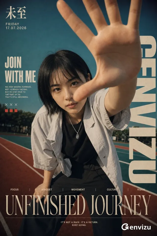 Vertical 2:3 poster featuring a young East Asian woman with short black hair, looking directly at the camera with a determined expression. Her right hand, enlarged by a wide-angle lens, is in the upper right foreground. She wears a black t-shirt and grey shirt. The background shows a red and blue running track.