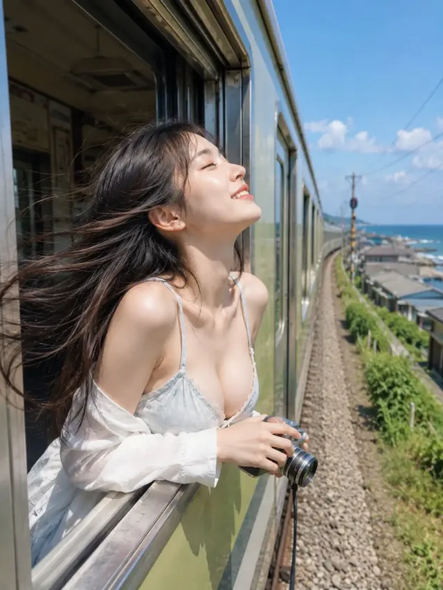 A young woman with dark brown hair flowing horizontally to the left in the wind, leaning out of a green train window. She is smiling with her eyes closed, holding a small camera with both hands. Her light blue dress and white shirt are visible. The background shows a railway track curving towards the sea and sky.