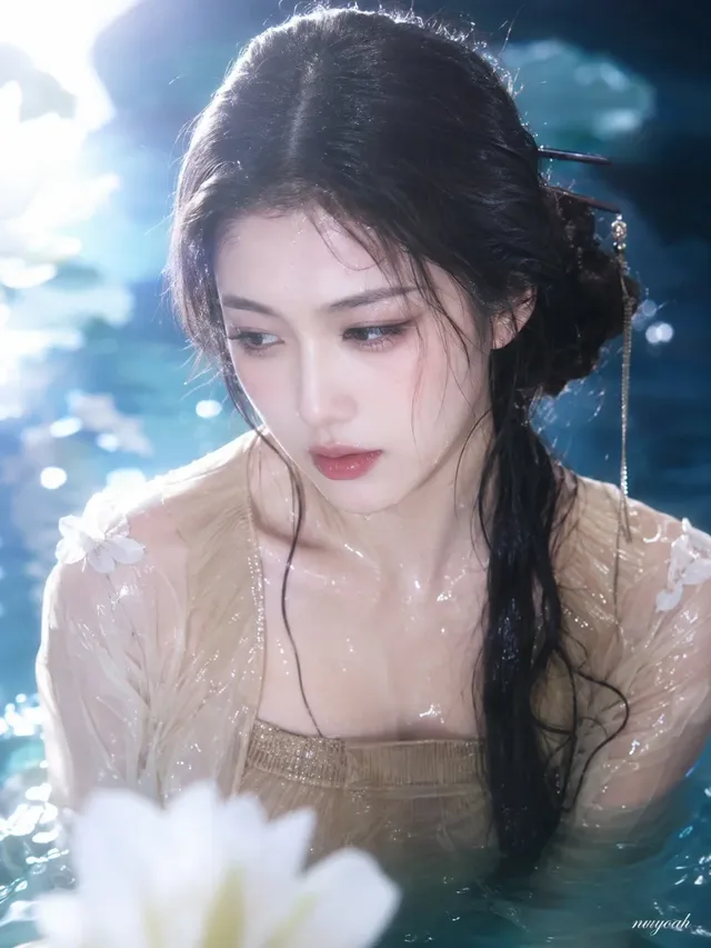 Close-up bust portrait of a beautiful young East Asian woman submerged in water, with soft, diffused lighting highlighting her features and delicate water droplets on her skin.