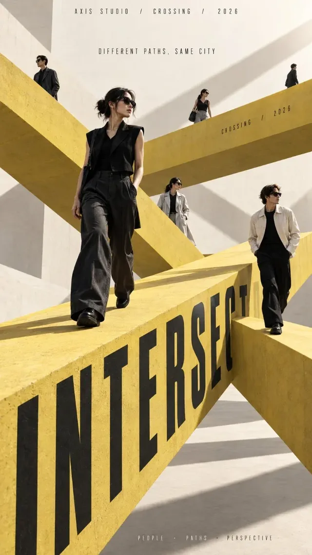 A high-end editorial campaign poster with 6-8 adults walking and interacting within a minimalist architectural space, featuring a circular path, integrated typography, and realistic fashion.