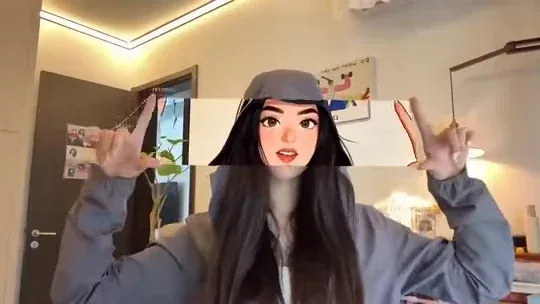 Young woman with dark hair in a cozy room, performing a dance. Geometric holographic frames appear around her, showing futuristic cyberpunk and superhero cityscapes that blend with her environment.