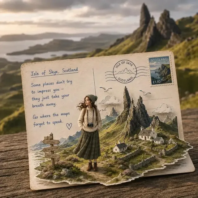 A photorealistic travel postcard diorama of a destination, with a 3D papercraft world emerging from the postcard and a stylized traveler figure.