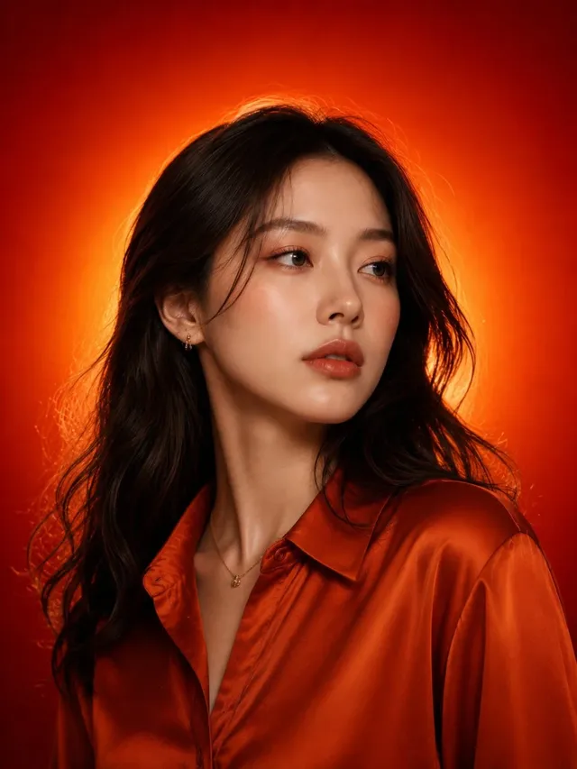 Close-up studio portrait of a young East Asian woman with flawless porcelain skin, dark hair, and subtle makeup, wearing a copper-orange satin blouse and gold jewelry against a fiery orange-red gradient background with a golden halo.