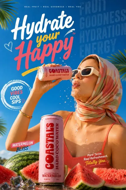 Stylish young woman in pastel scarf and sunglasses drinking a pink tropical beverage with water splashes, set against a bright blue sky and tropical foliage.