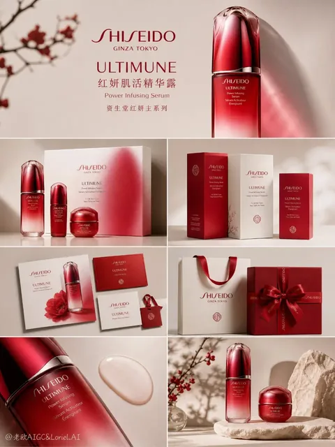 A vertical brand presentation board for Shiseido Ultimune, featuring the red series serum bottle, packaging, and related luxury cosmetic items in a clean, minimalist, and elegant layout.