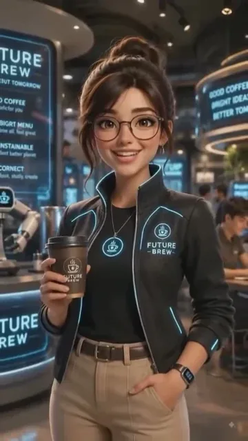 A young woman with glasses and a futuristic jacket stands behind a coffee counter with a robotic arm brewing coffee, while a holographic display shows data.