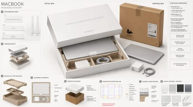 A professional proposal board for MacBook packaging, featuring a central hero shot of the retail box, technical diagrams, material swatches, and detailed annotations.