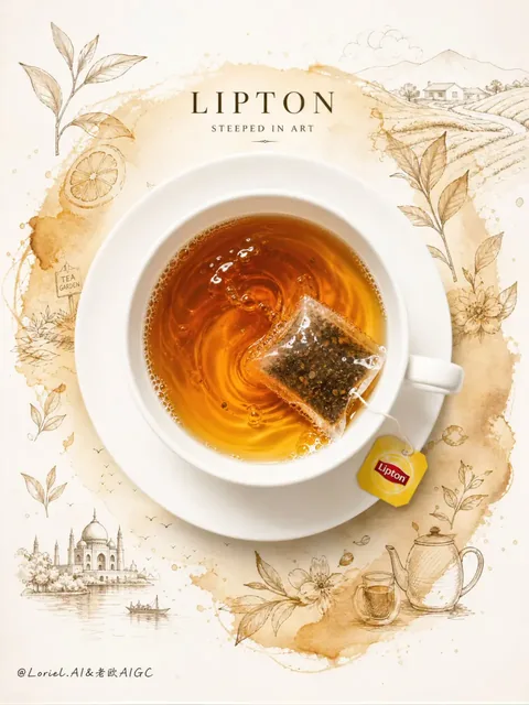 Overhead view of a Lipton tea bag in a white teacup, surrounded by a delicate tea-stain watercolor halo and hand-drawn illustrations on an ivory background, signifying premium editorial advertising.