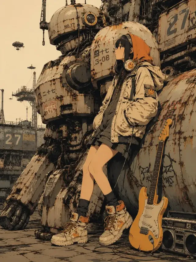 Stylish anime girl with black hair, headphones, and a vintage electric guitar stands in a decaying post-industrial dockyard, looking up with a nostalgic expression.