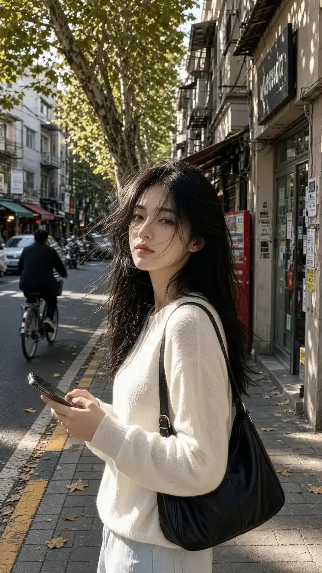 A candid Japanese street snapshot of a young woman with long black hair standing on a sunny morning sidewalk, bathed in natural light.