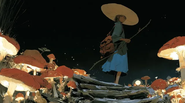 A person in a wide hat stands amidst giant glowing mushrooms in a dark forest.