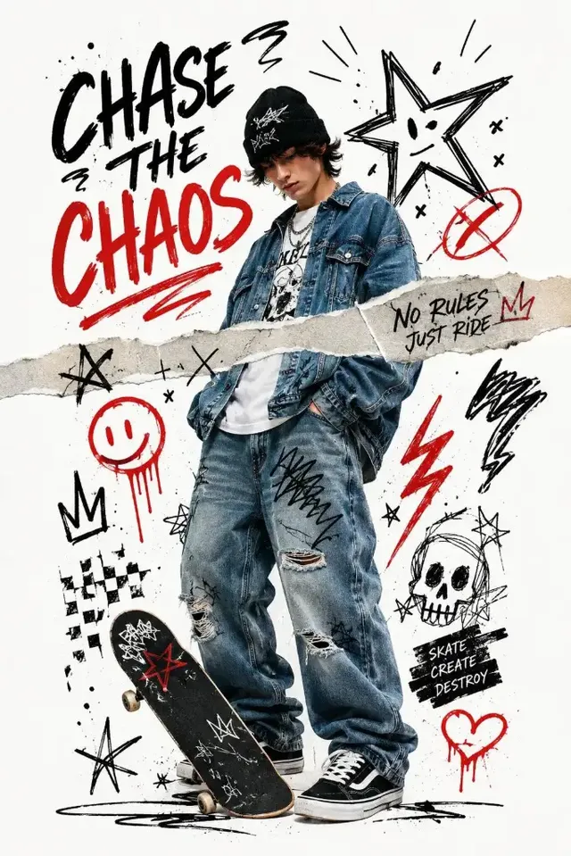 Full-body Y2K grunge fashion poster of a young male skateboarder in ripped denim and a beanie, leaning on a skateboard. The background is a white studio with chaotic black and red graffiti doodles and bold typography reading 'CHASE THE CHAOS'.
