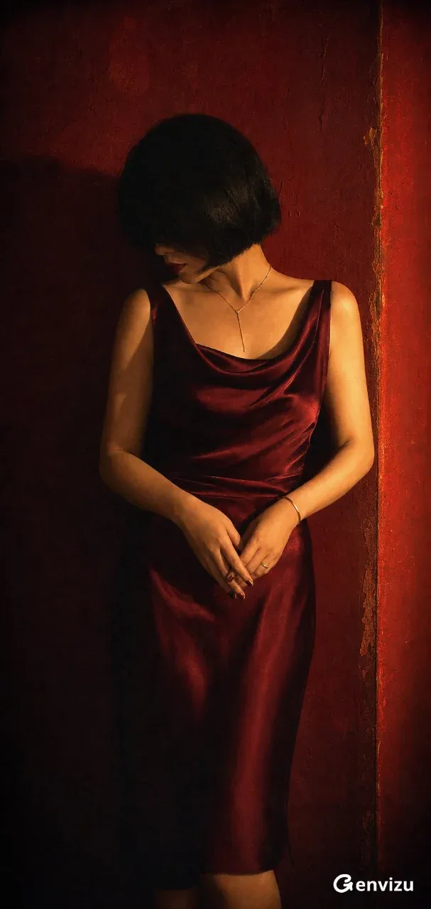 Close-up portrait of an East Asian woman in her 30s, with a heavy black bob hairstyle covering her eyes, wearing a deep burgundy satin dress, standing against a rough red wall.
