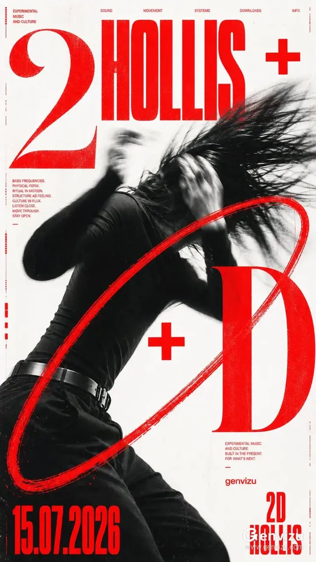 Vertical poster with a monochrome dancer in profile, dynamic pose, against a white background. Overlaid with bold red typography including '2', 'HOLLIS', 'D', and abstract shapes. Date '15.07.2026' at bottom left.