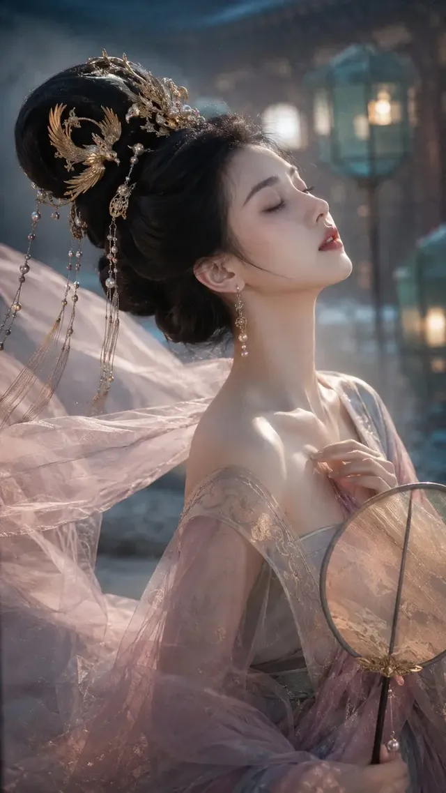A photorealistic CG portrait of a Tang Dynasty beauty in profile, eyes closed, wearing delicate gauze and a golden phoenix crown.