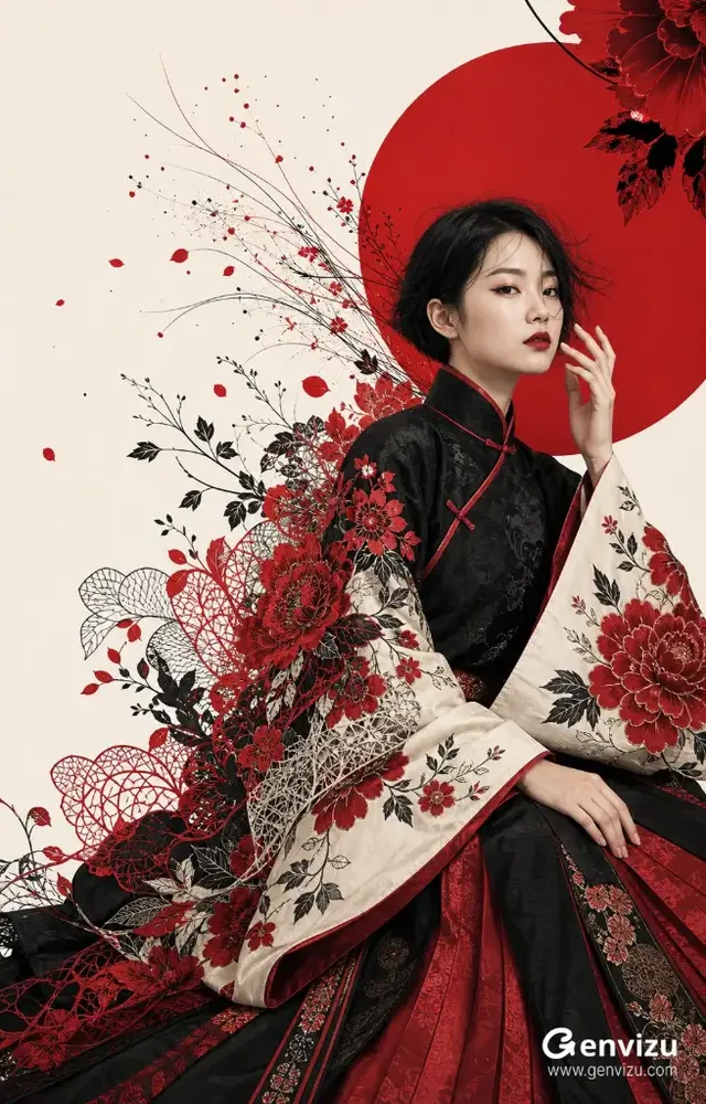 A stylized portrait of an East Asian woman in traditional black and red Hanfu, sitting against a white background with abstract red and black graphic elements and floral motifs. Her expression is calm and distant.