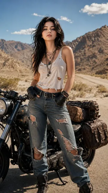 Ultra-realistic portrait of a young woman with a fierce expression, dressed as a biker, standing beside a vintage motorcycle in a desert landscape.