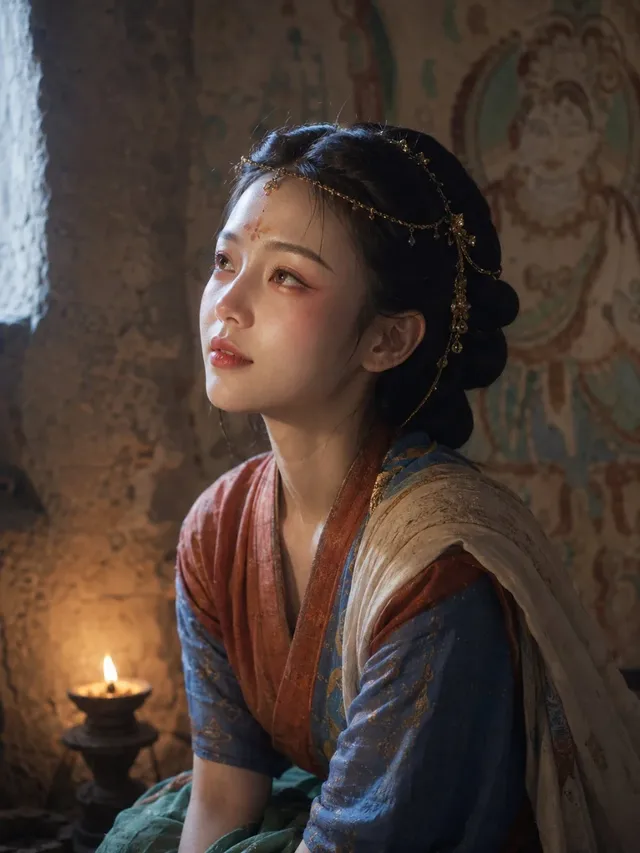 Close-up portrait of a young Korean woman with subtle makeup and ancient Dunhuang costume, looking up towards cool light from a cave entrance, with warm light reflecting from below.