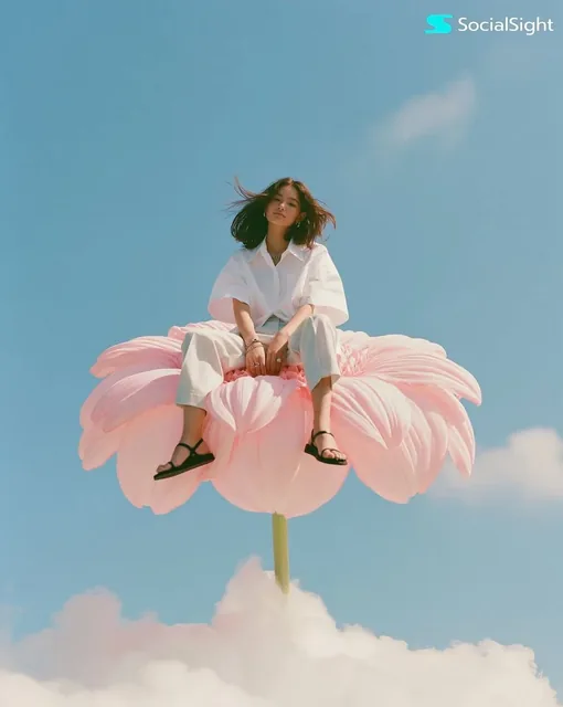 Fashion model sitting on a huge pink flower above the clouds, low-angle view, blue sky background.