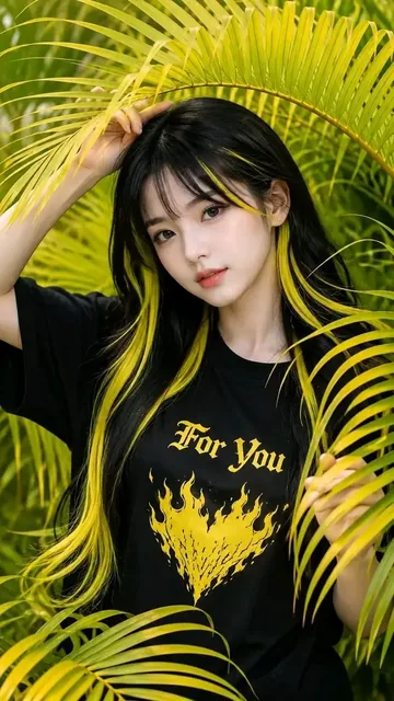 Ultra-realistic fashion portrait of a young woman with black hair featuring neon yellow streaks, wearing a graphic t-shirt and standing among tropical palm leaves.