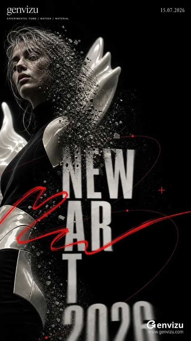Experimental fashion art poster with an anonymous figure, bold typography 'NEW / AR / T / 2026', and abstract red lines on a black background. The figure is a blend of photography and porcelain sculpture.