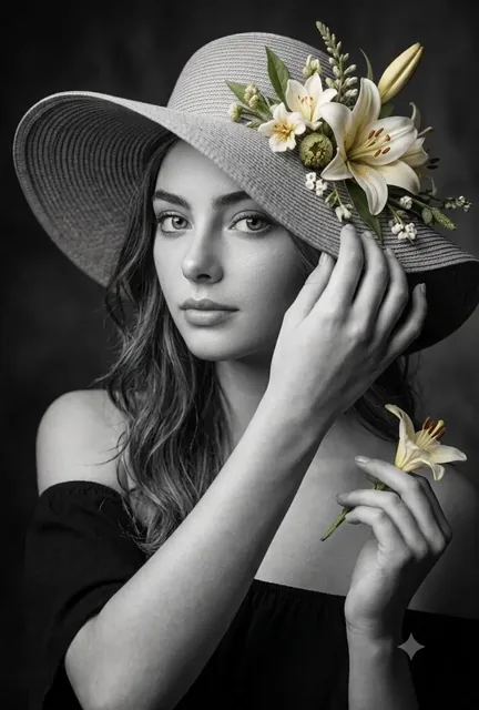 Black and white portrait of a young woman with a serene expression, wearing a straw hat decorated with realistic lilies and holding a lily near her face. Soft cinematic lighting.