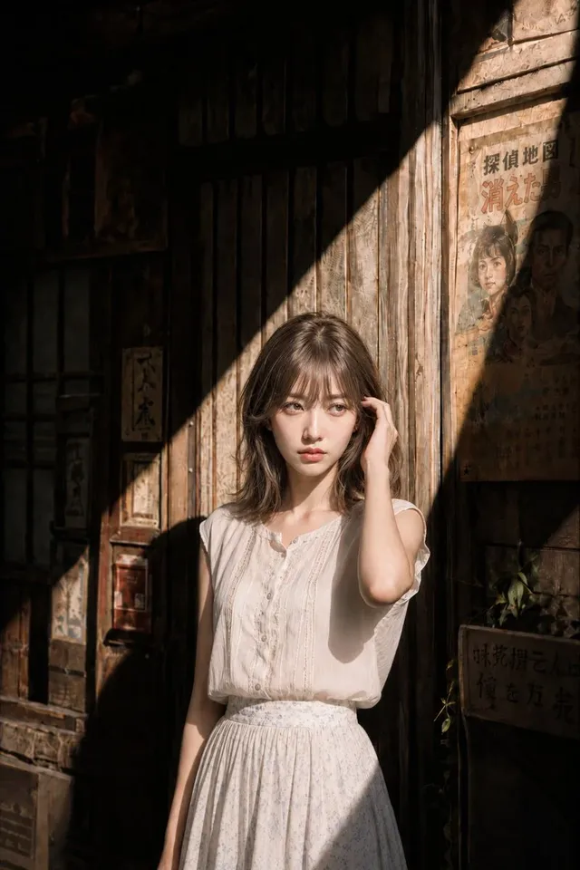 Young woman with her fingers touching her hair, standing in a sunlit Japanese alley with deep shadows, wearing a white sleeveless blouse and a floral skirt.