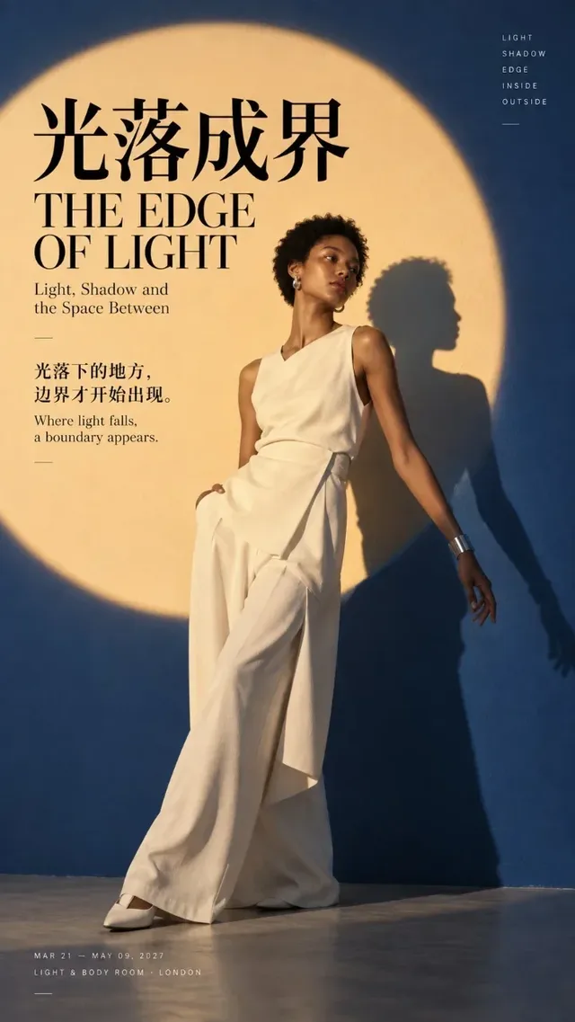 A person is positioned within a large circular visual field on an editorial poster, where the circle distinctly alters the surrounding space through effects like light segmentation, reflection, or refraction.