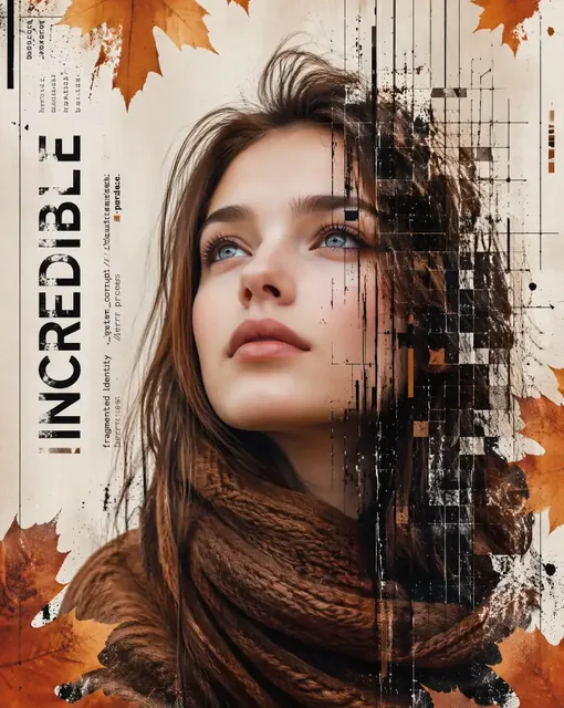 A woman's face, half natural and half digitally distorted, with a brown scarf and autumn leaves.