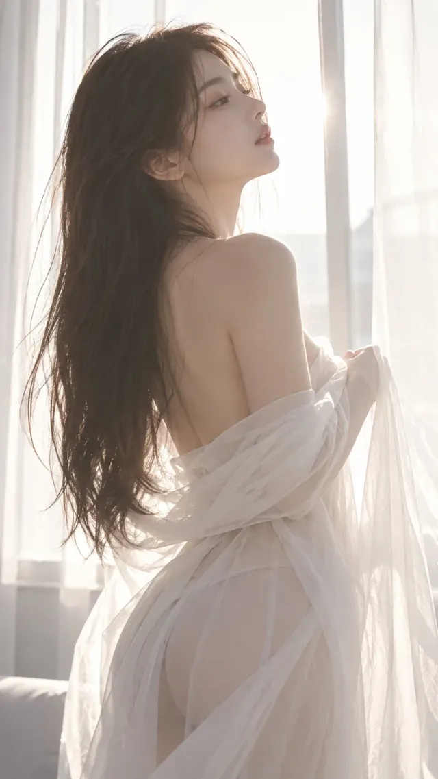Modern minimalist profile portrait of a Chinese influencer wearing a white veil against backlighting, in a vertical composition.