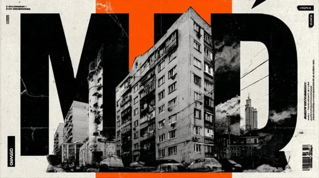 Urban landscape collage with bold black typography and orange accents.