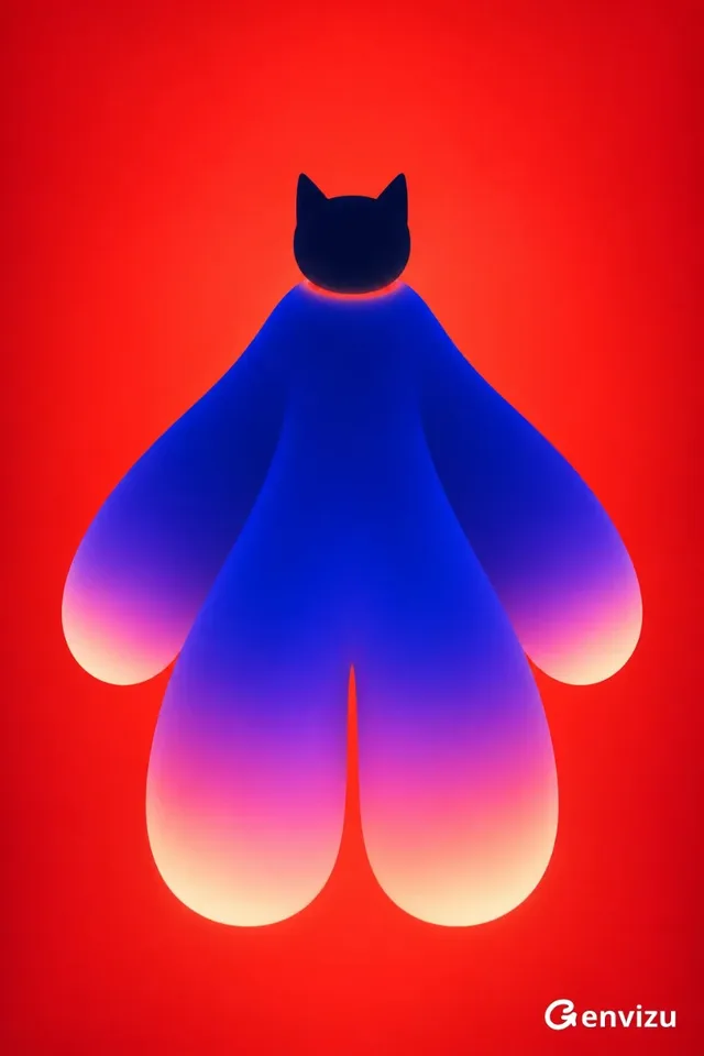 Front-facing, symmetrical minimalist artwork of a navy cat head above a large, five-lobed cobalt blue coat-body with gradient color transitions to pink and white. Set against a solid vermilion background.